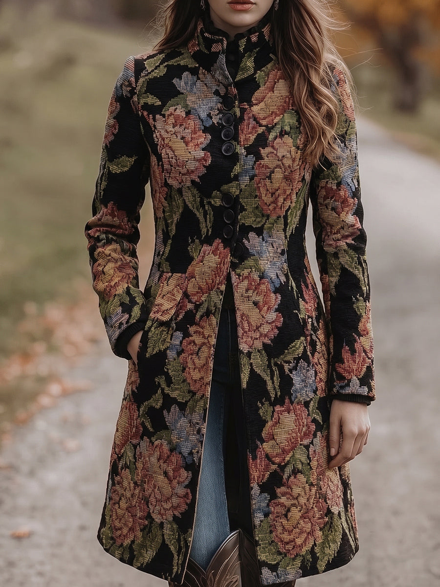 Black Floral Tapestry Long Coat