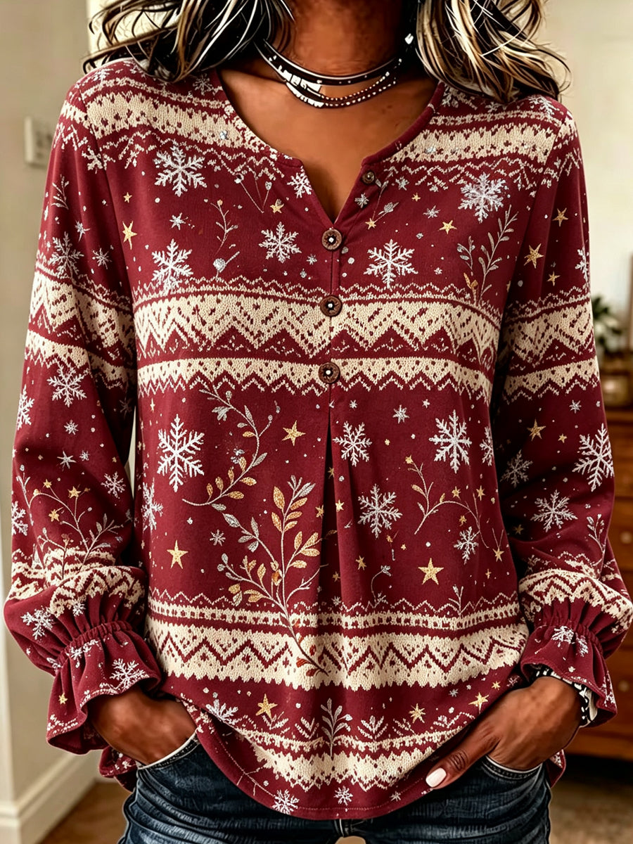 Burgundy Snowflake Fair Isle Blouse