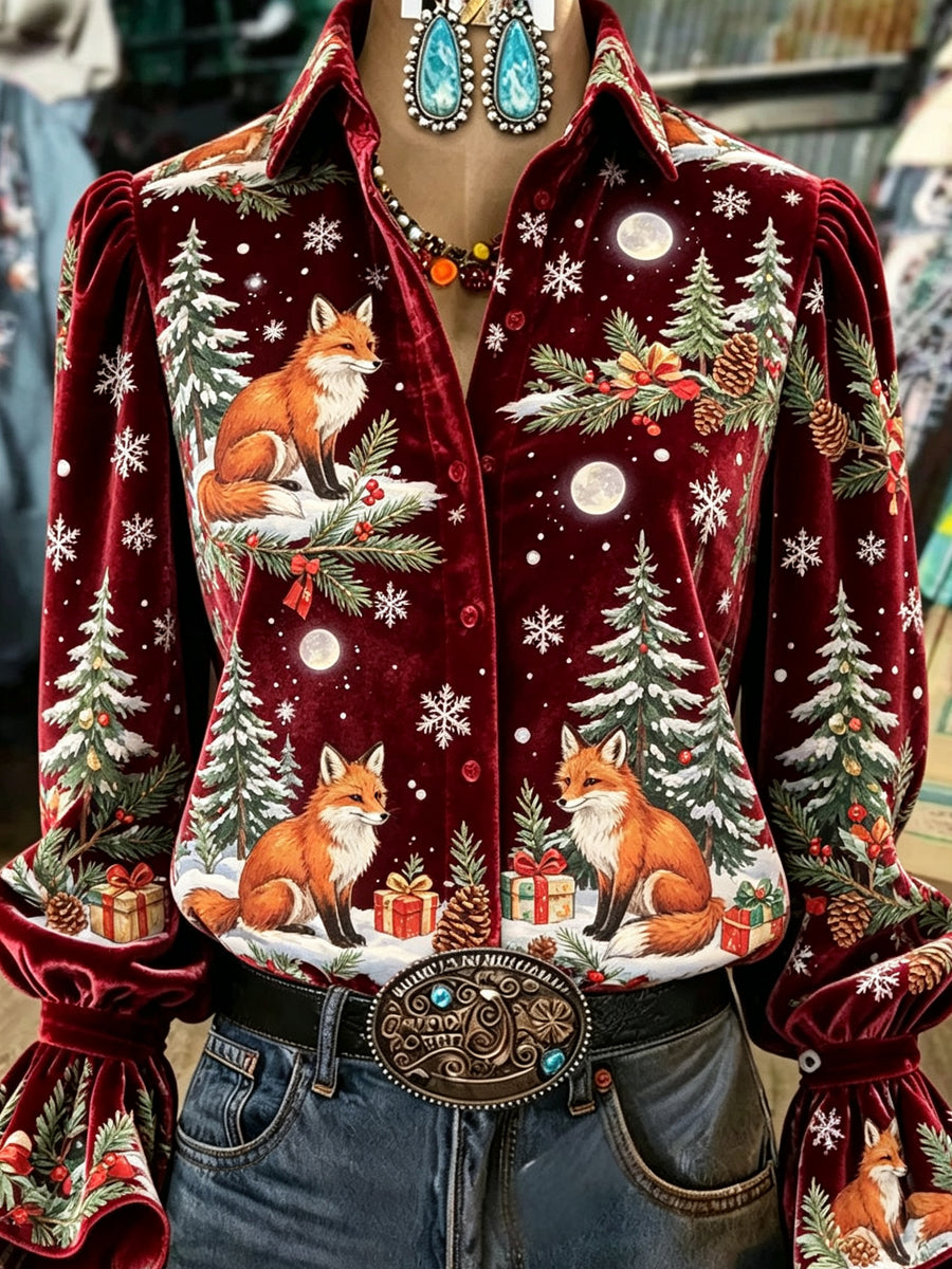 Burgundy Christmas Fox Print Shirt