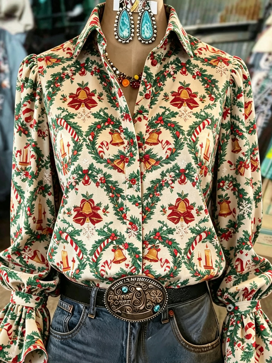 Cream Christmas Wreath Print Shirt