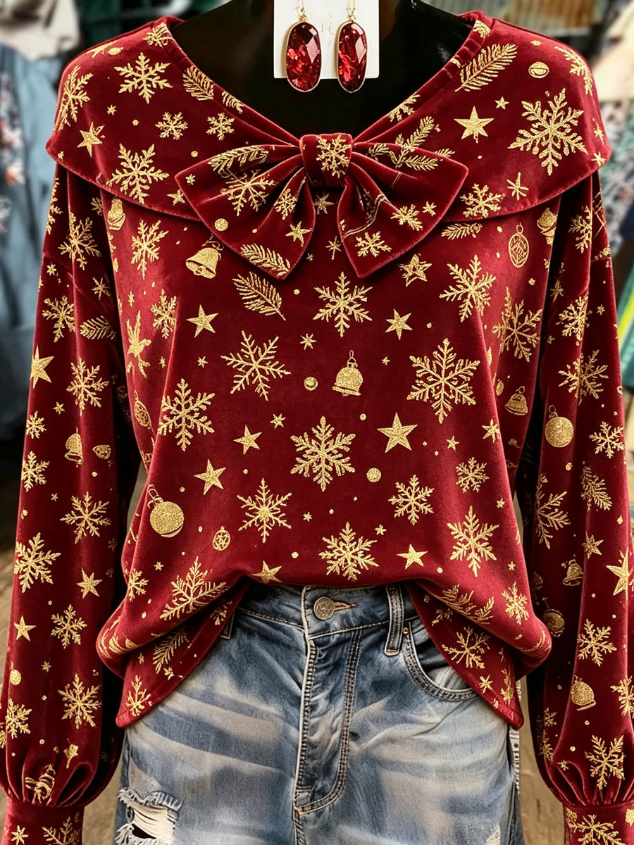 Burgundy Gold Snowflake Velvet Blouse