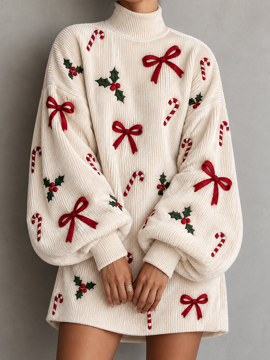 Cream Corduroy Christmas Bow Tunic Dress