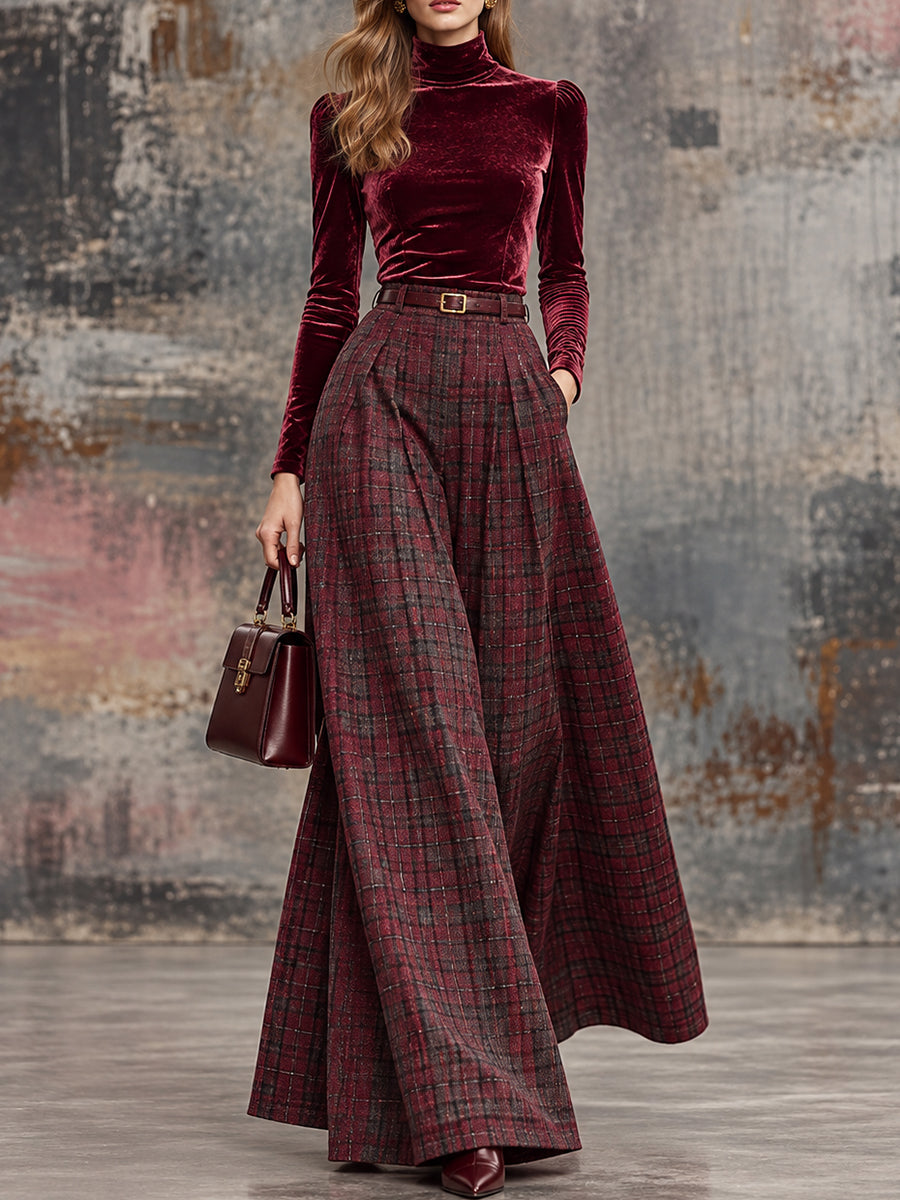 Burgundy Plaid Pleated Maxi Skirt Set