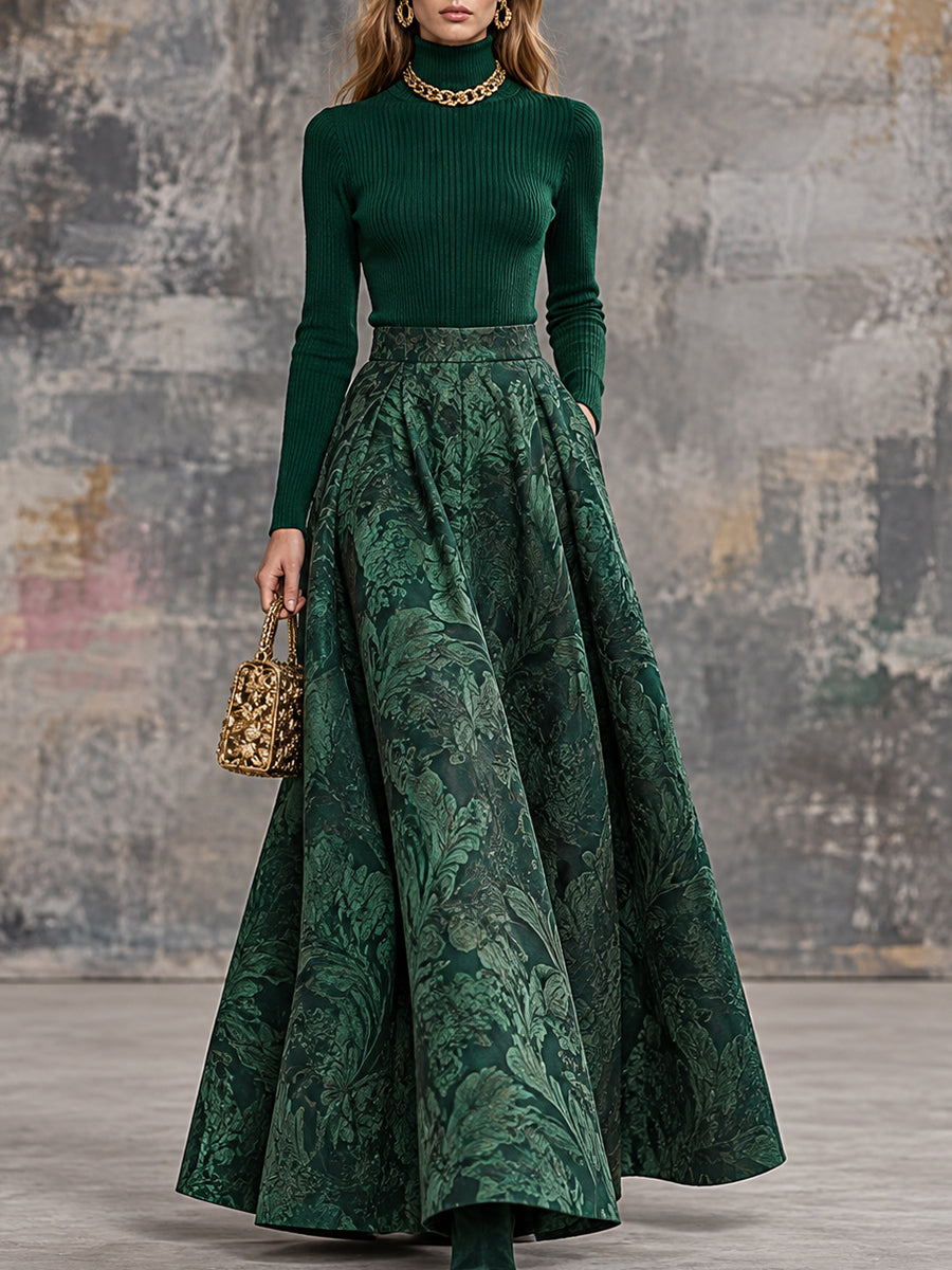 Green Jacquard Pleated Maxi Skirt Set