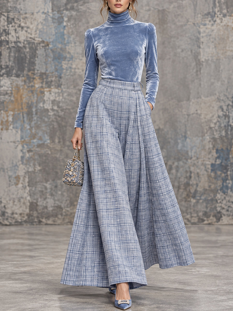 LightBlue Velvet Plaid Maxi Skirt Set