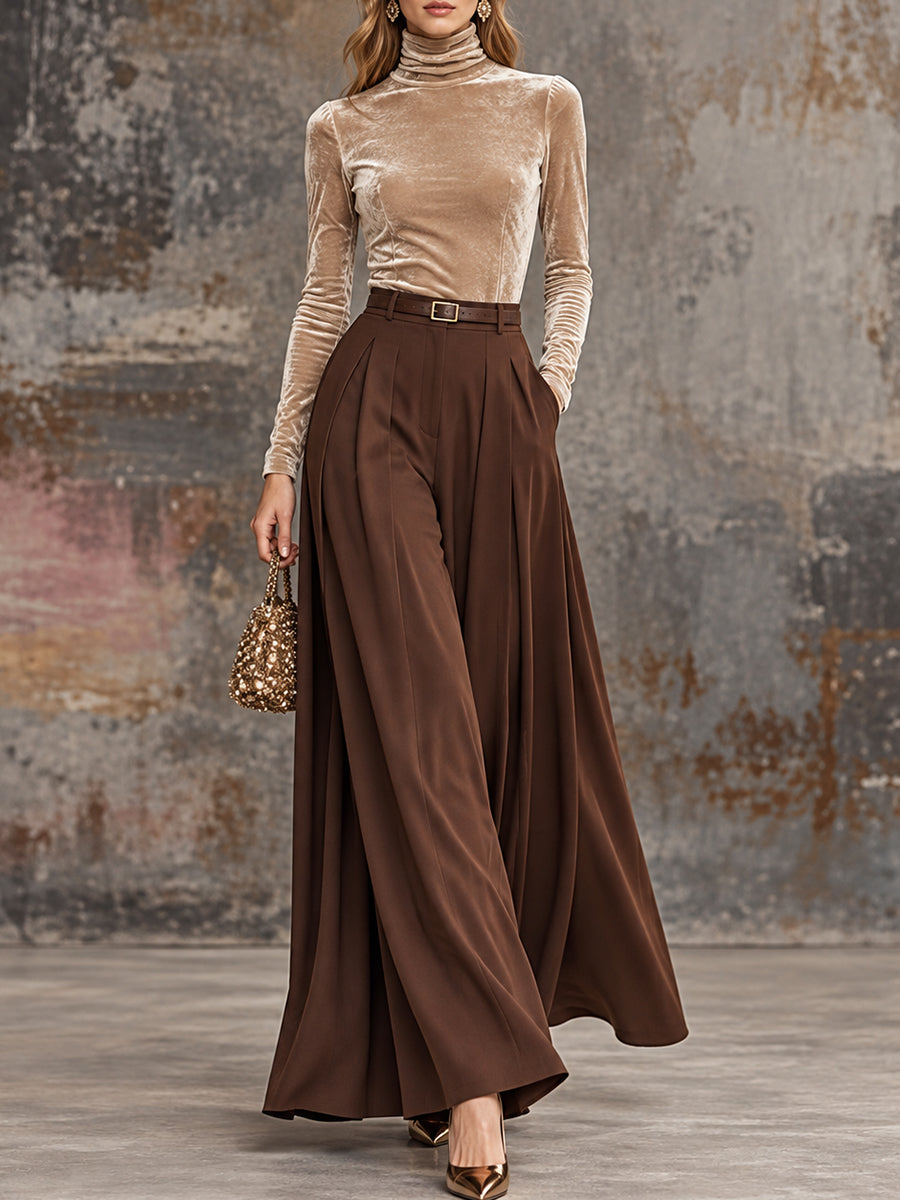 Brown Velvet Pleated Wide Leg Pants Set