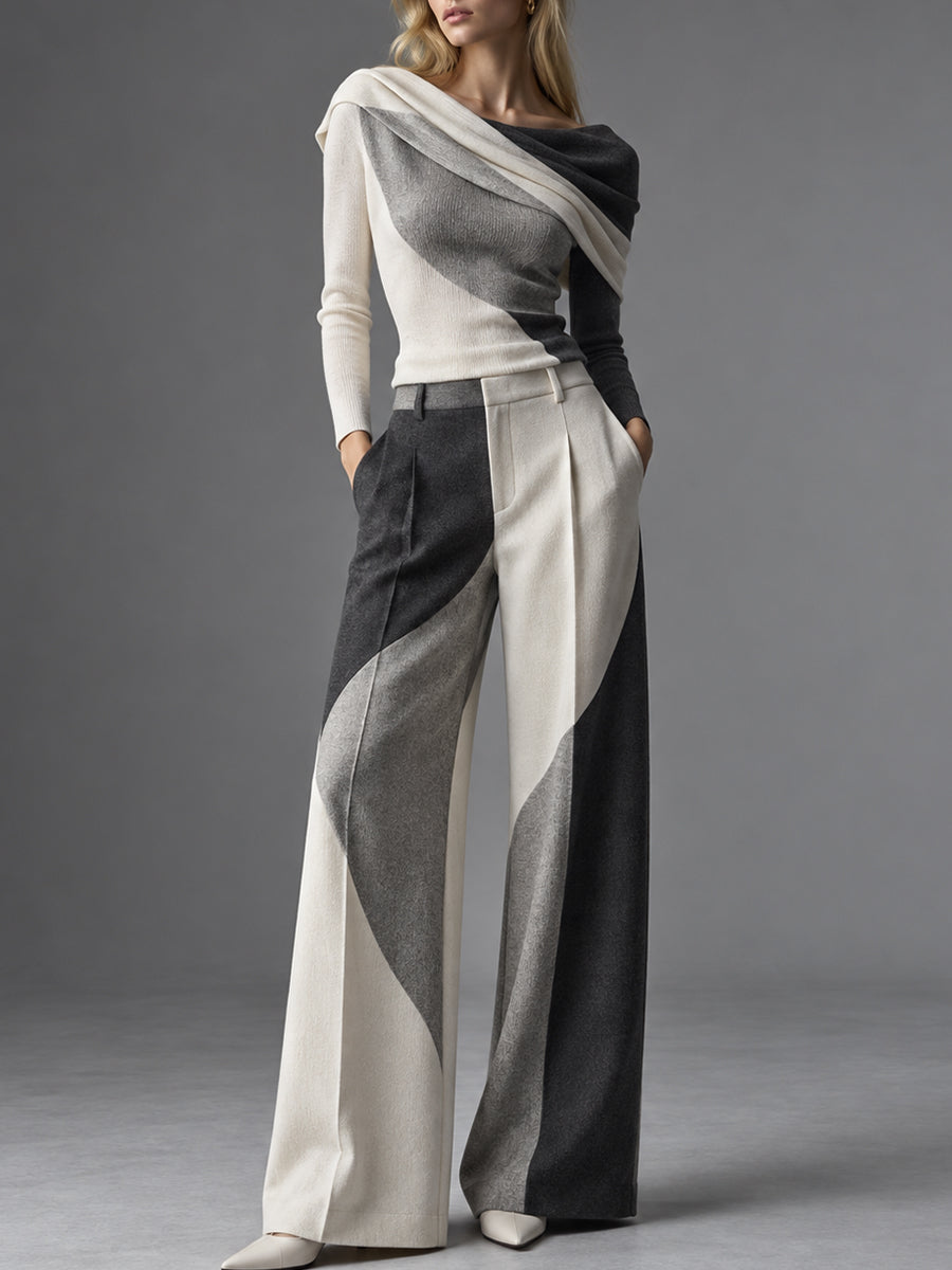 Grey Cream Color Block One Shoulder Wide Leg Pants Set