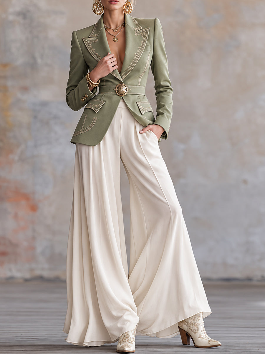 Olive Embroidered Blazer and Cream Wide Leg Pants Set