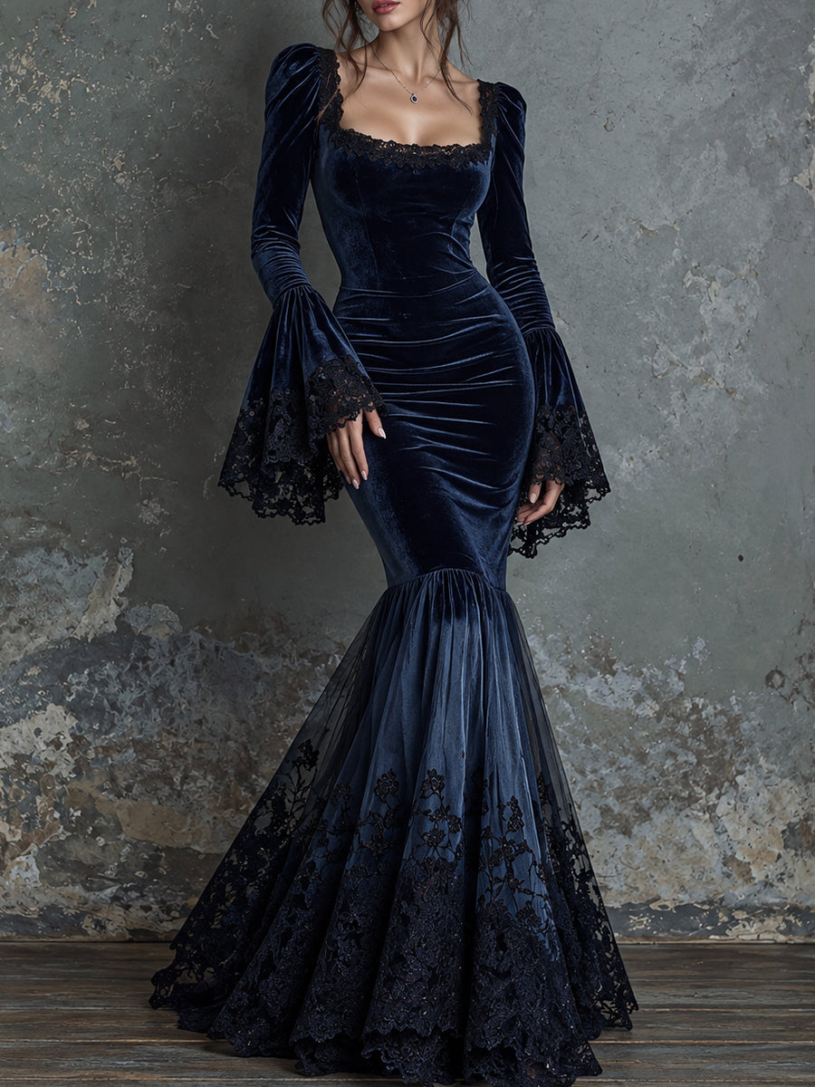 Navy Velvet Lace Bell Sleeve Mermaid Maxi Dress