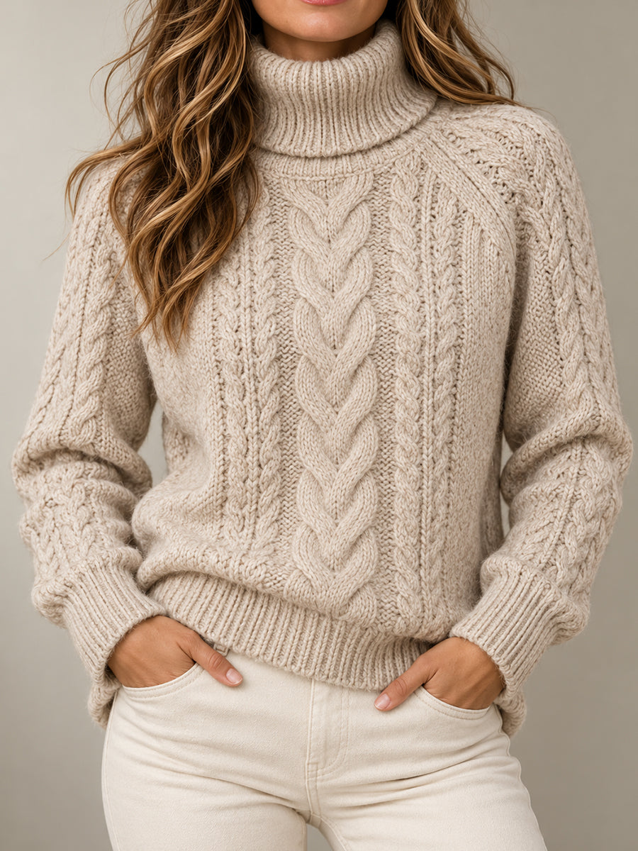 Beige Cable Knit Turtleneck Sweater