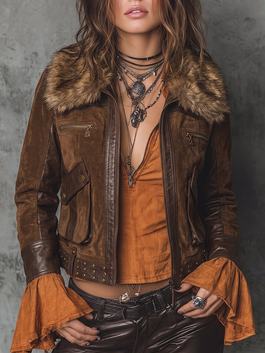 Brown Suede Faux Fur Collar Zip Front Jacket