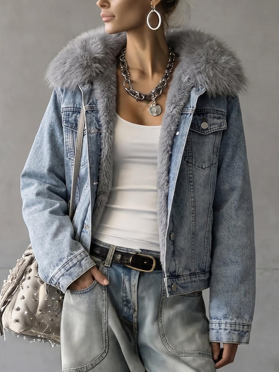 Blue Denim Faux Fur Collar Jacket