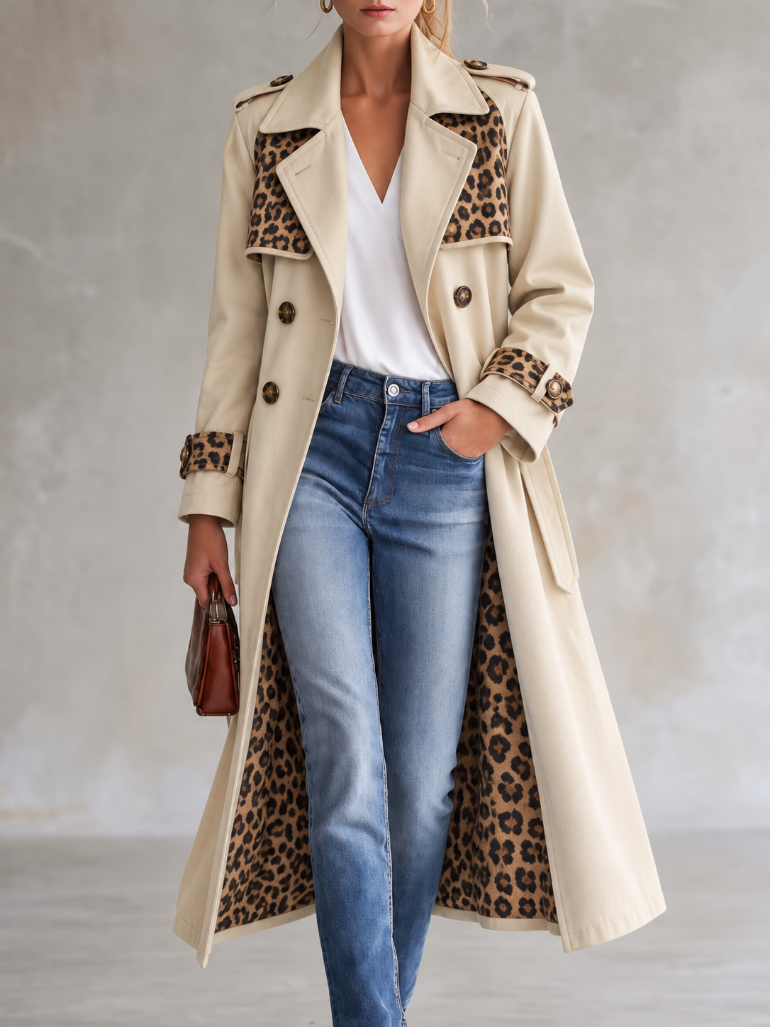 Cream Leopard Print Trim Trench Coat