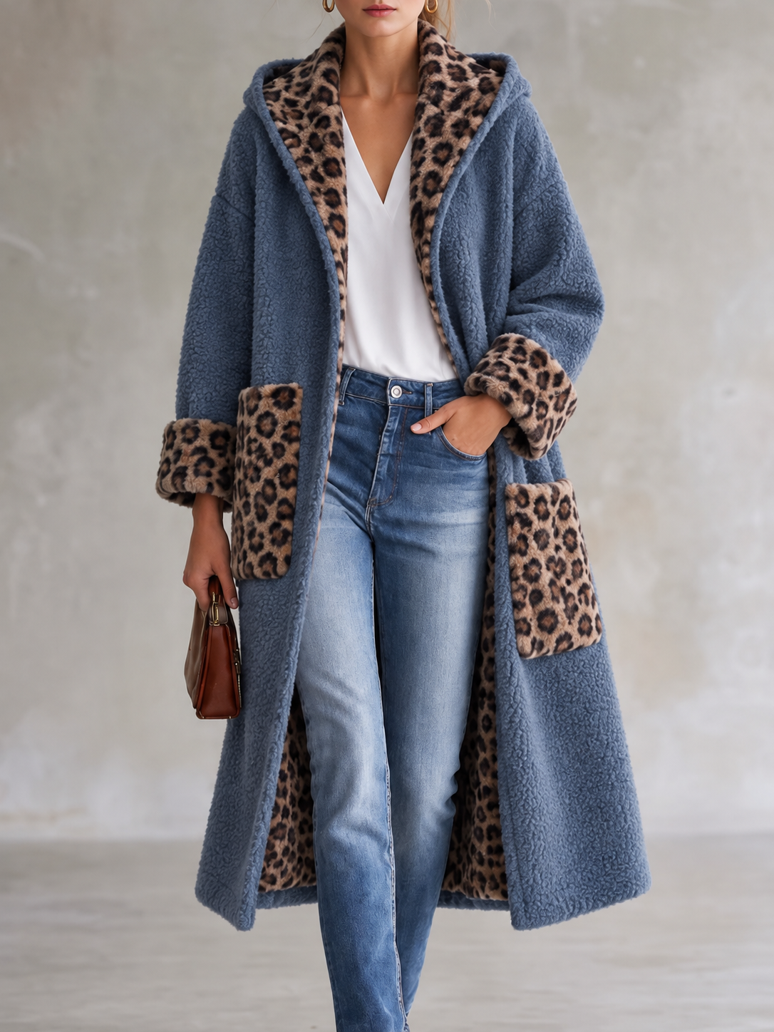Blue Leopard Print Trim Hooded Coat