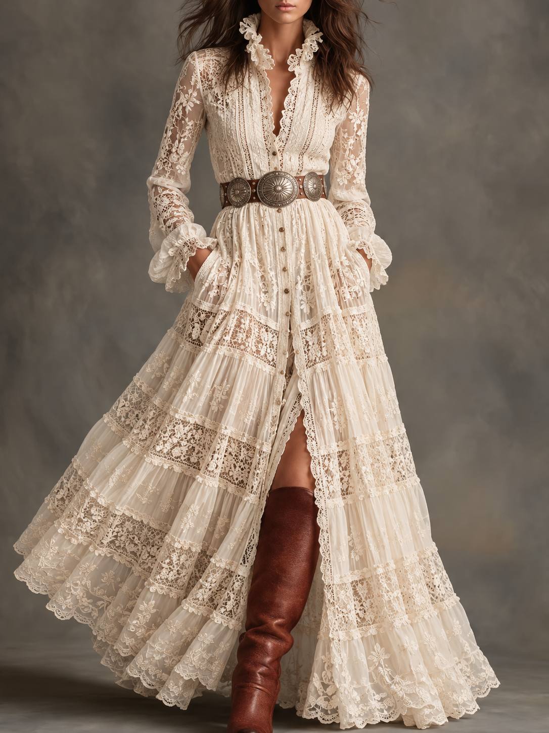 Cream Lace Tiered Ruffle Maxi Dress