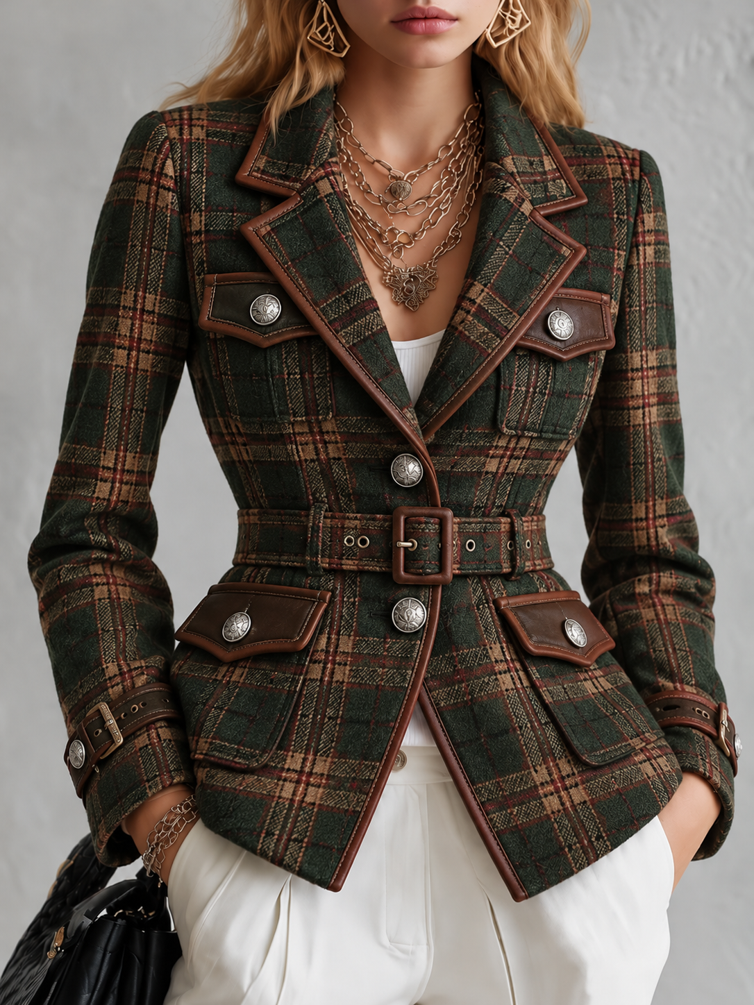 Green Plaid Leather Trim Blazer