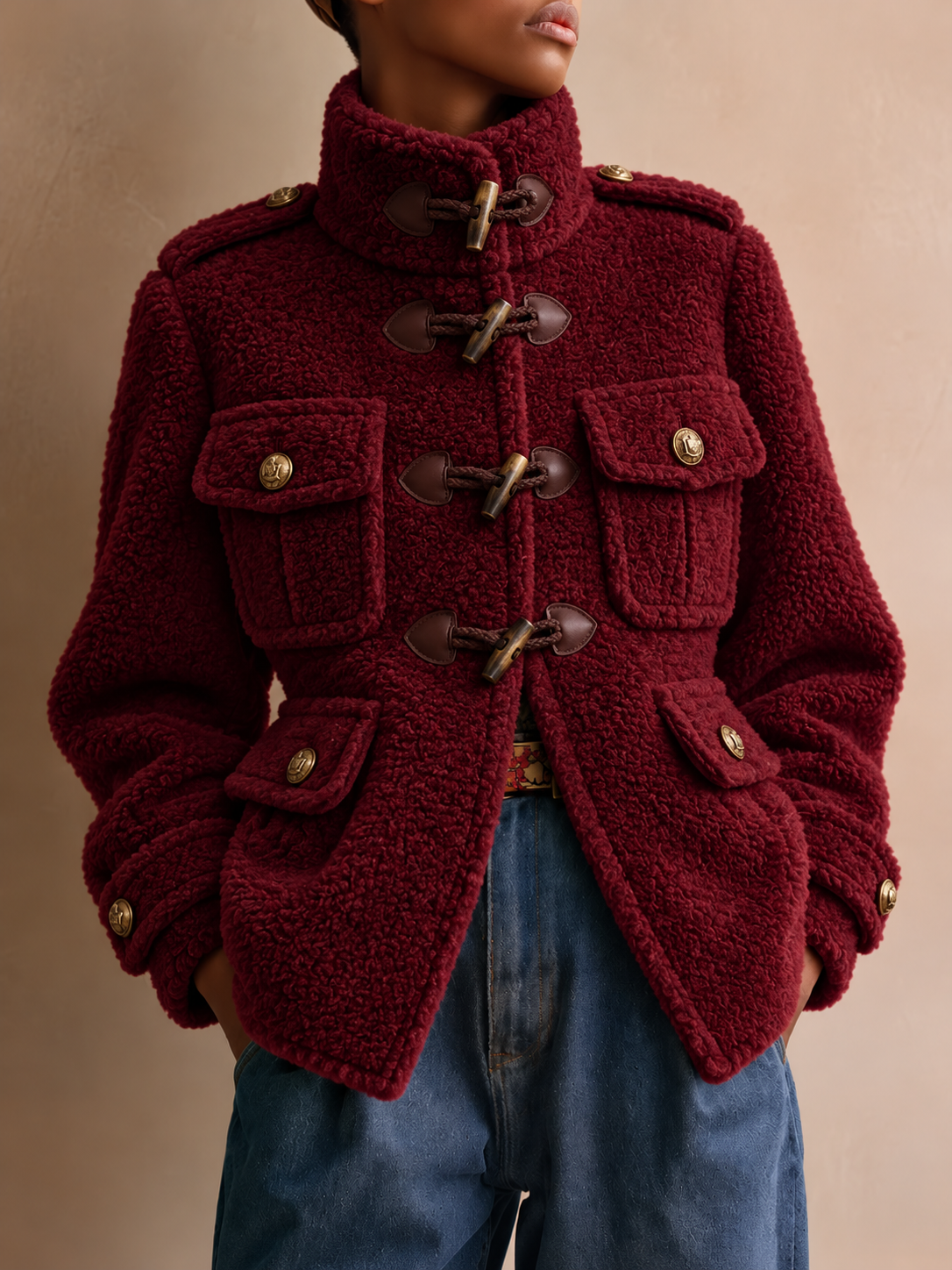Burgundy Faux Fur Toggle Button Jacket