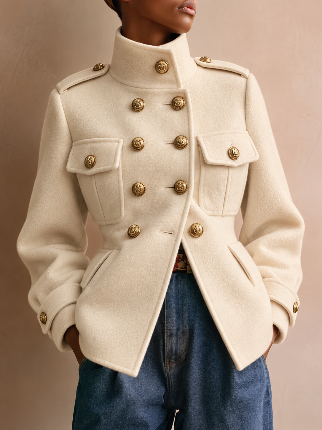 Cream Double Breasted Button Front Jacket