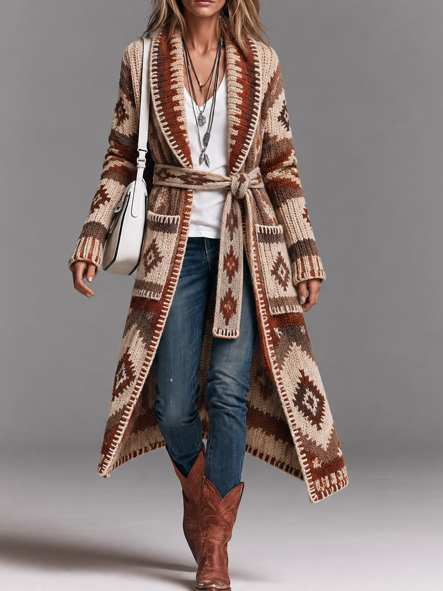 Beige Aztec Print Belted Long Cardigan