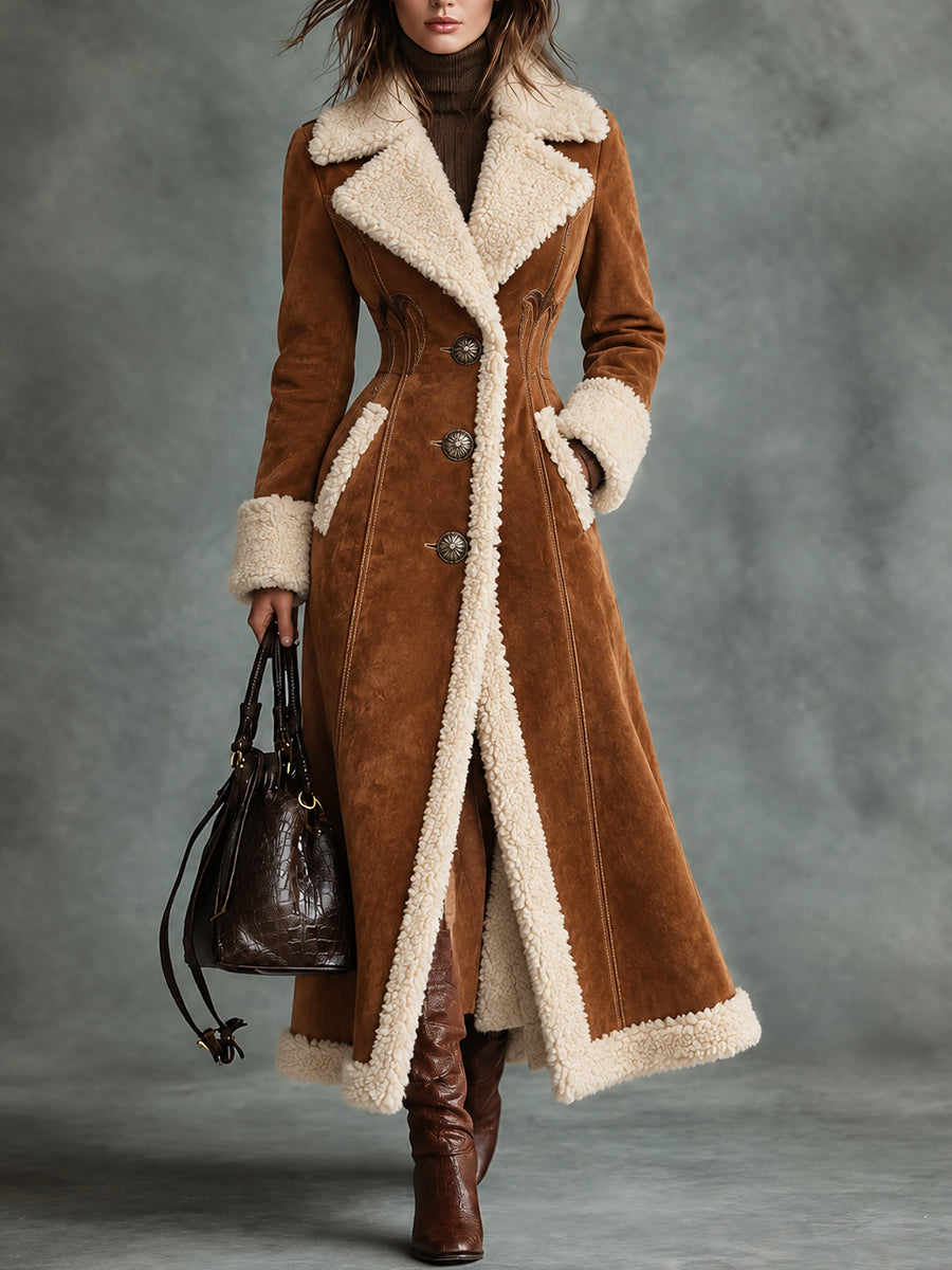 Camel Suede Faux Shearling Trim Long Coat