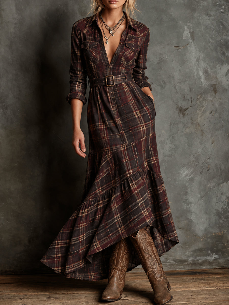 Brown Plaid Button Front Tiered Maxi Dress