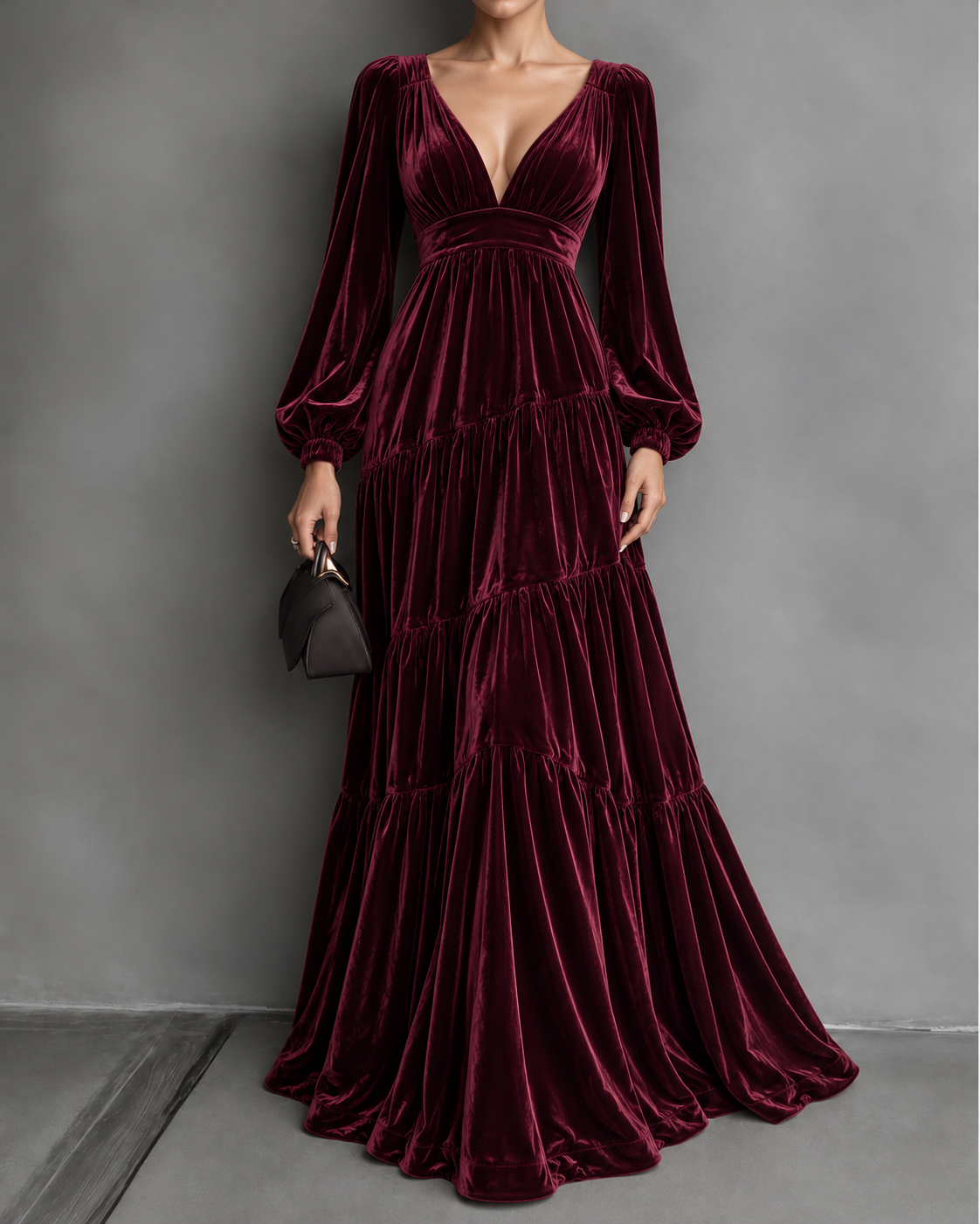 Burgundy Velvet Deep V Neck Tiered Maxi Dress