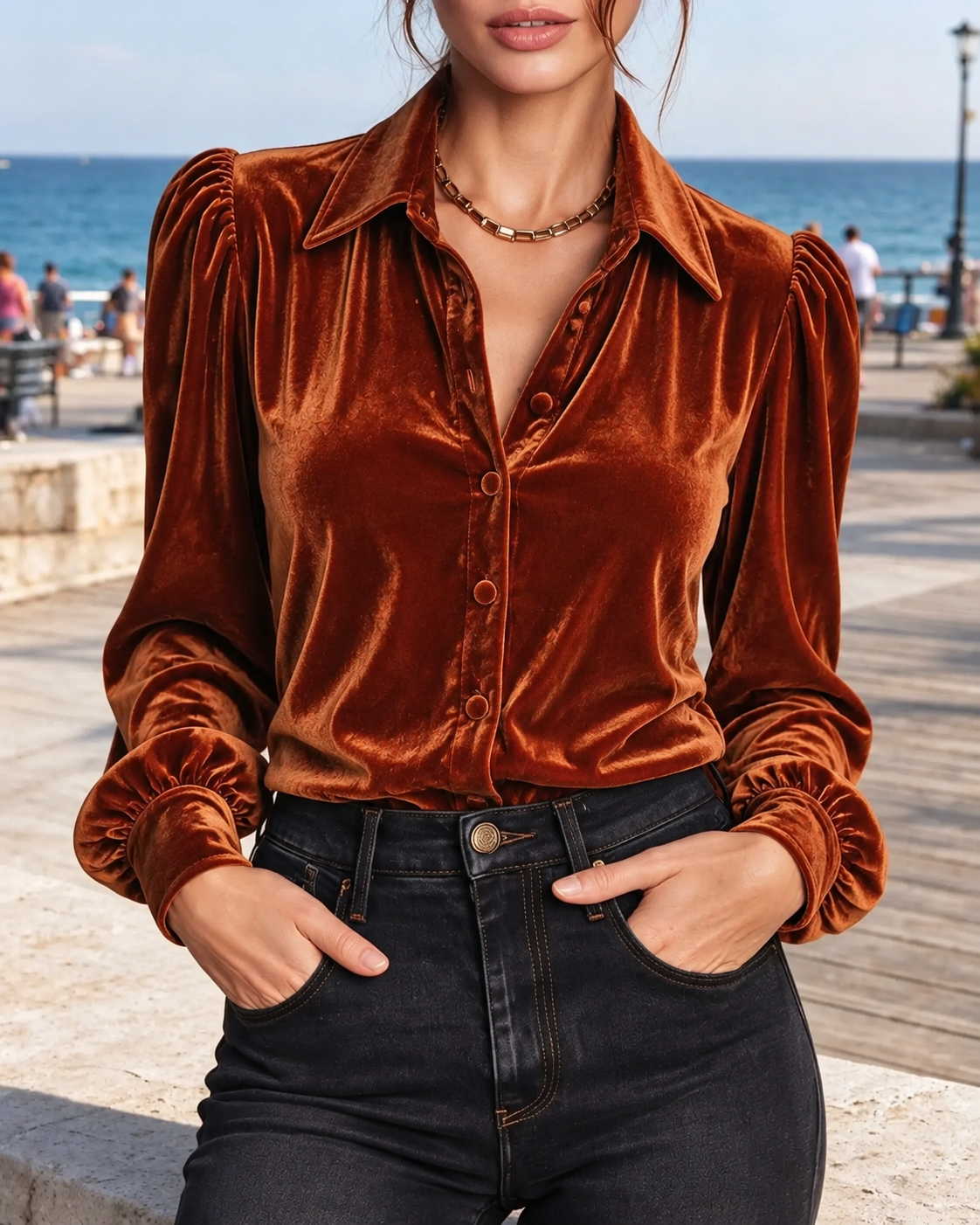 Rust Velvet Puff Sleeve Button Front Blouse