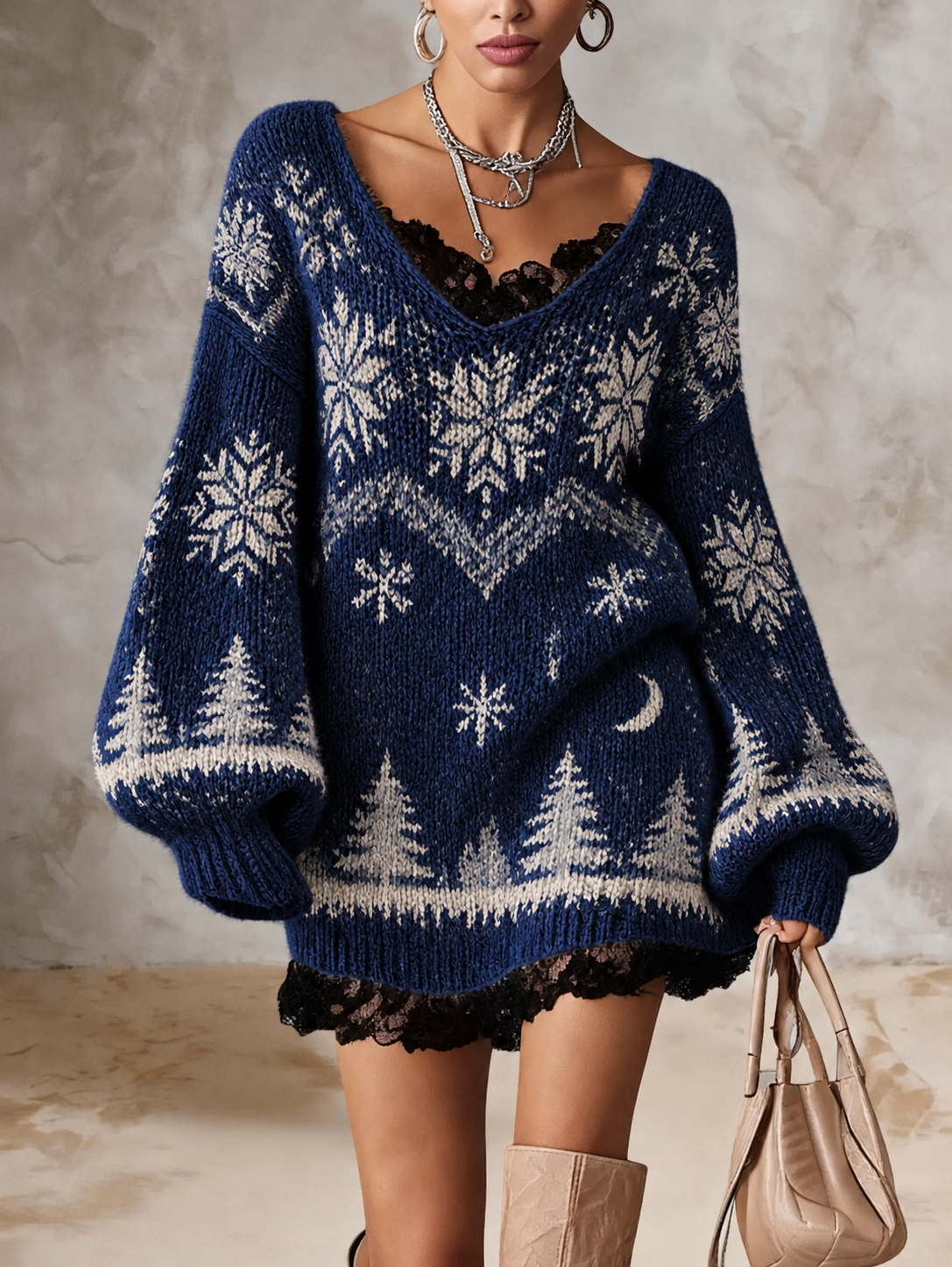 Blue Fair Isle Snowflake V Neck Sweater