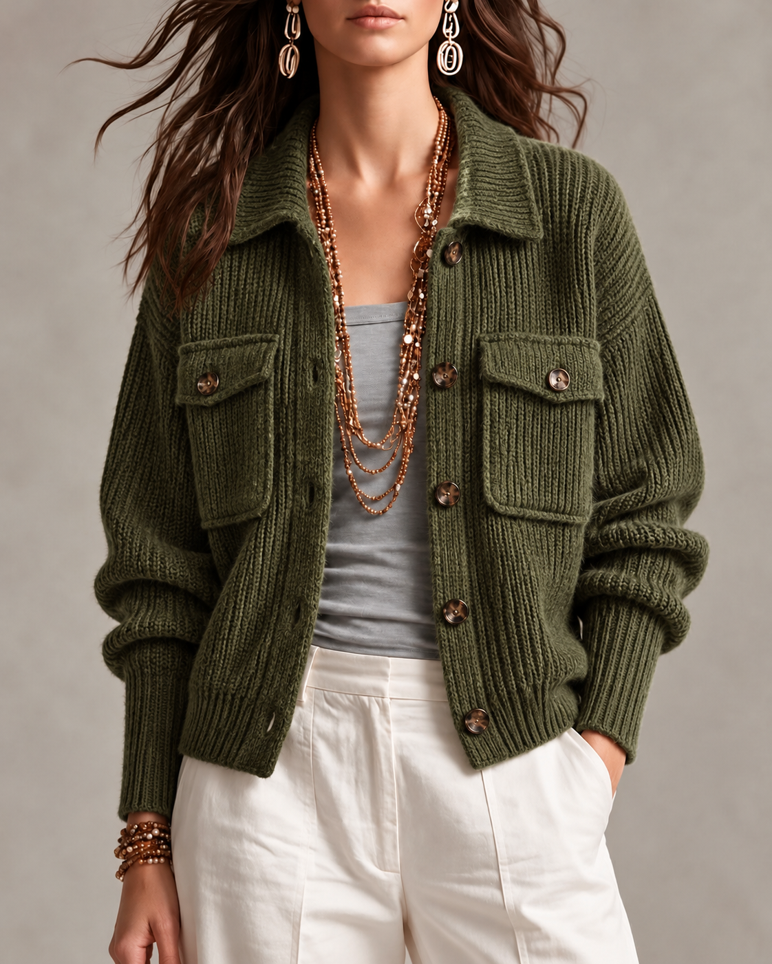 Olive Ribbed Knit Button Front Pocket Cardigan