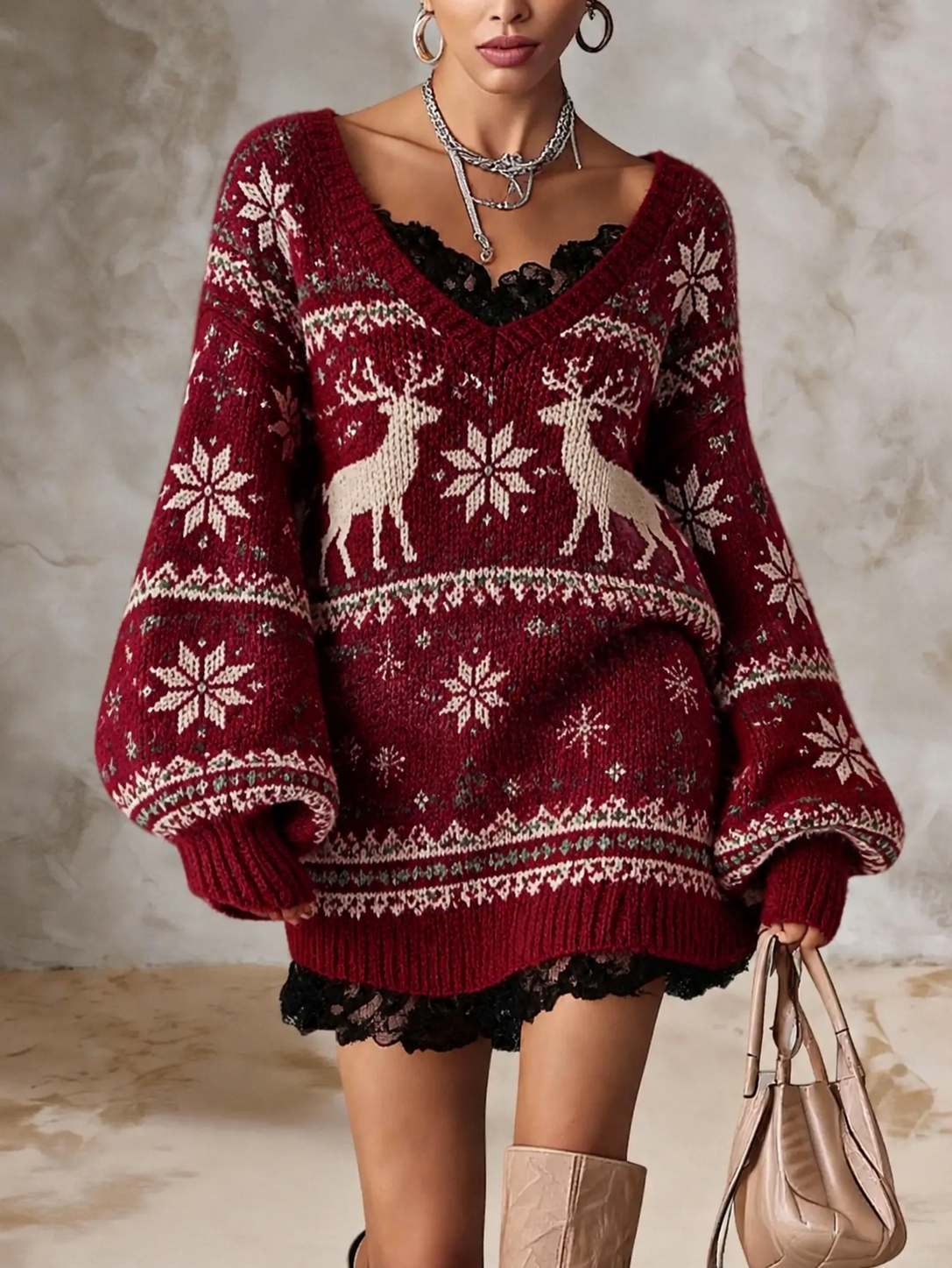 Burgundy Reindeer Snowflake V Neck Sweater