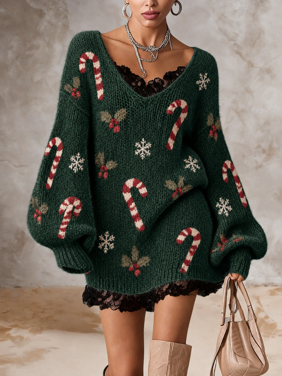 DarkGreen Candy Cane Snowflake V Neck Sweater