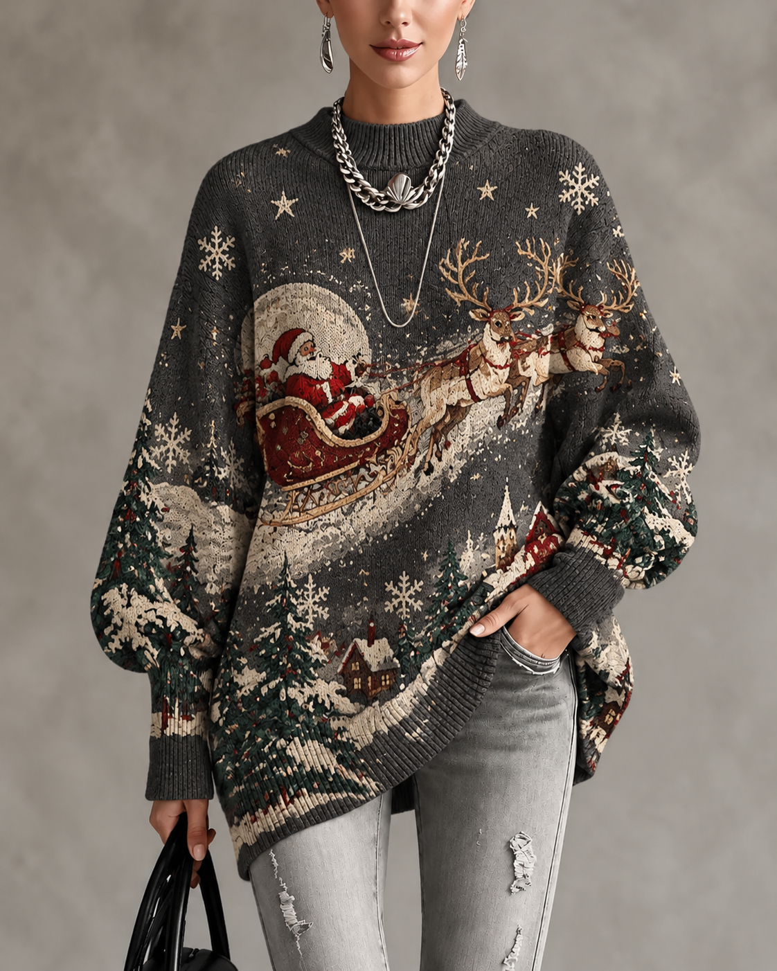 Grey Santa Sleigh Snowflake Crew Neck Sweater