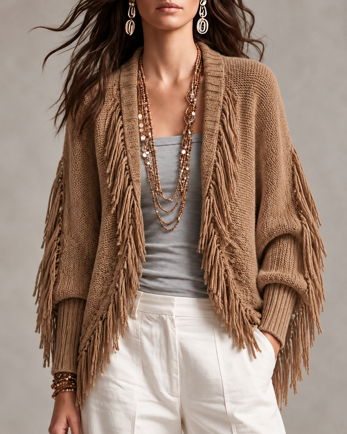 Camel Fringe Open Front Long Cardigan