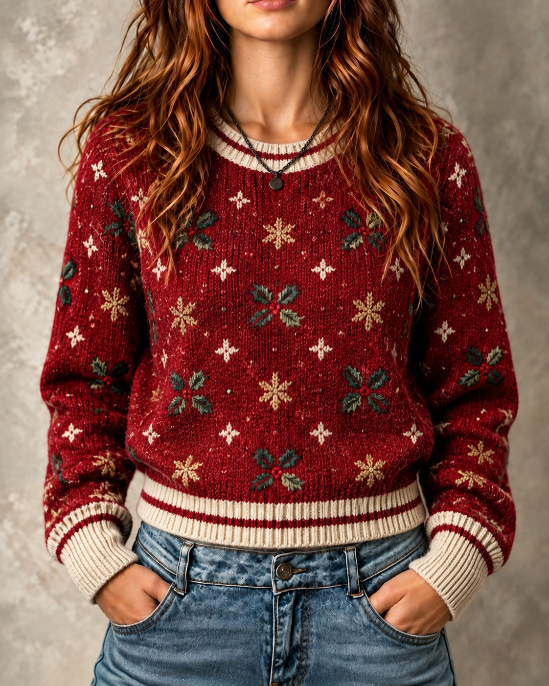 Burgundy Snowflake Holly Crew Neck Sweater