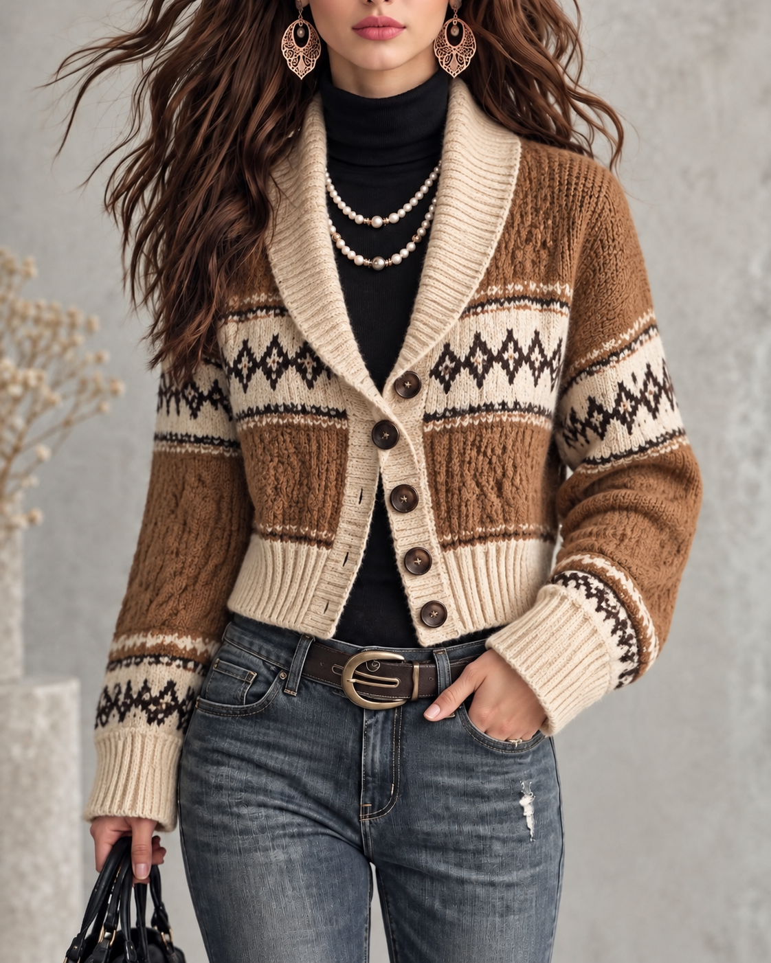 Brown Beige Fair Isle Button Front Cardigan