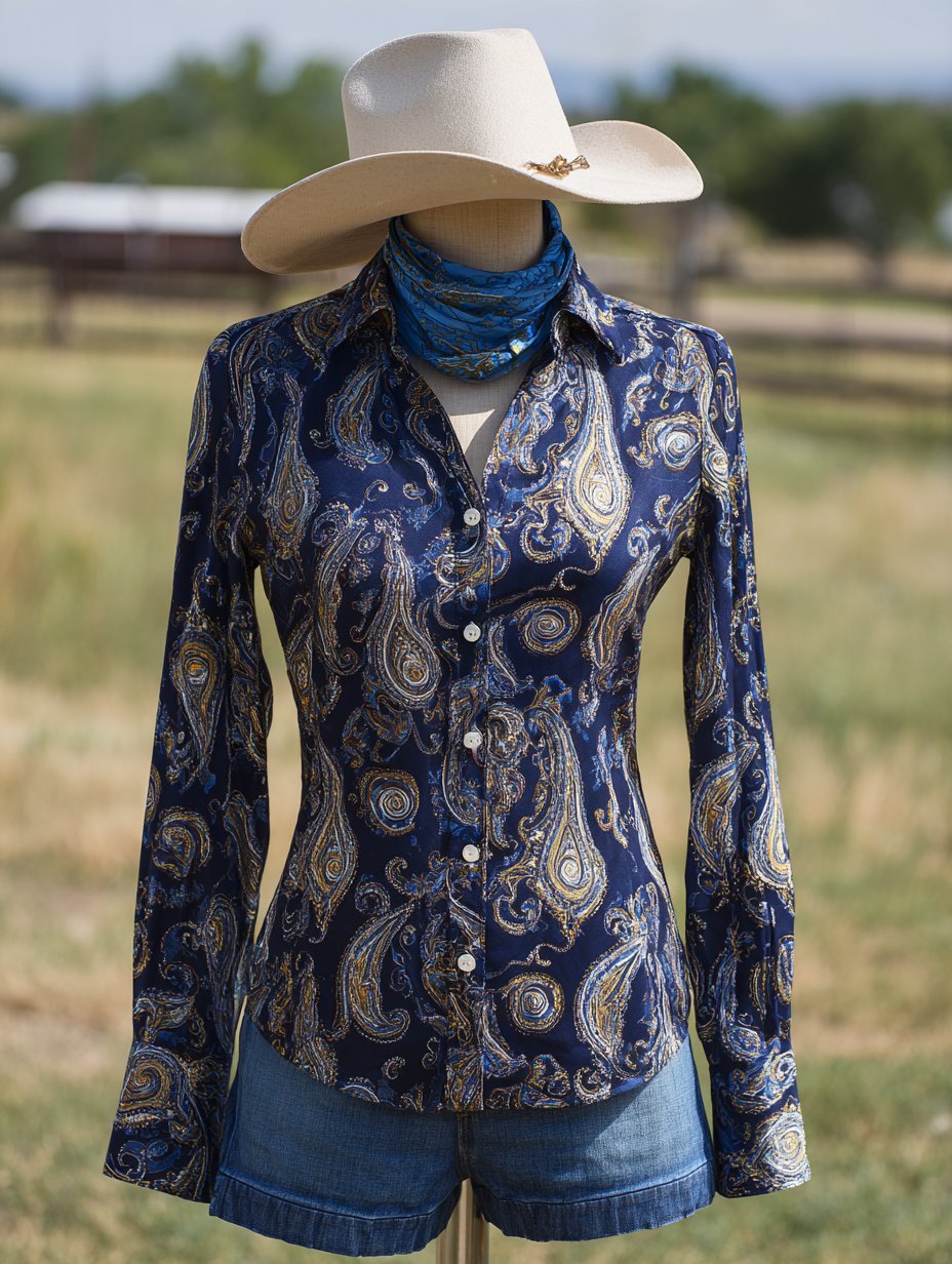 Women's Vintage Paisley Floral Print Western Long Sleeve Shirt