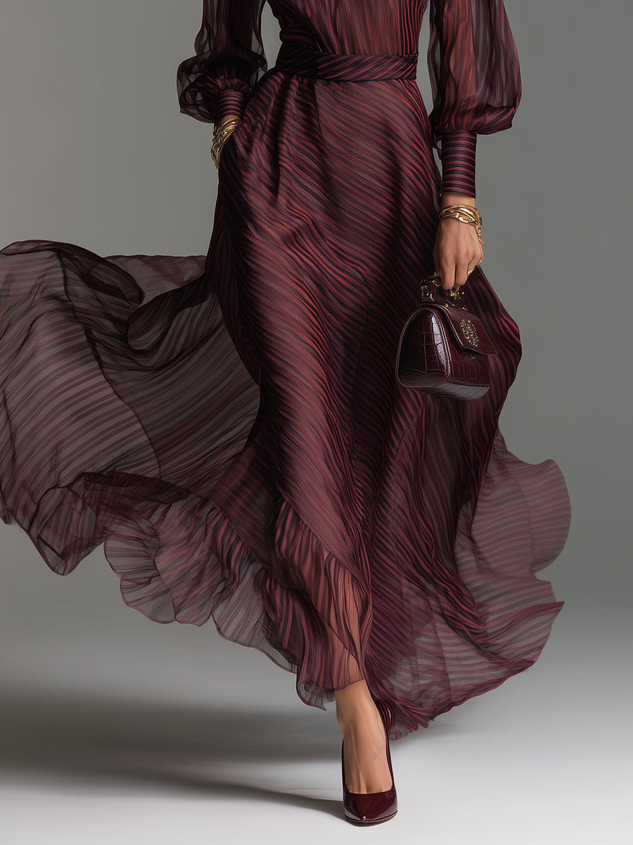 Retro Striped Keyhole Collar Organza Maxi Dress