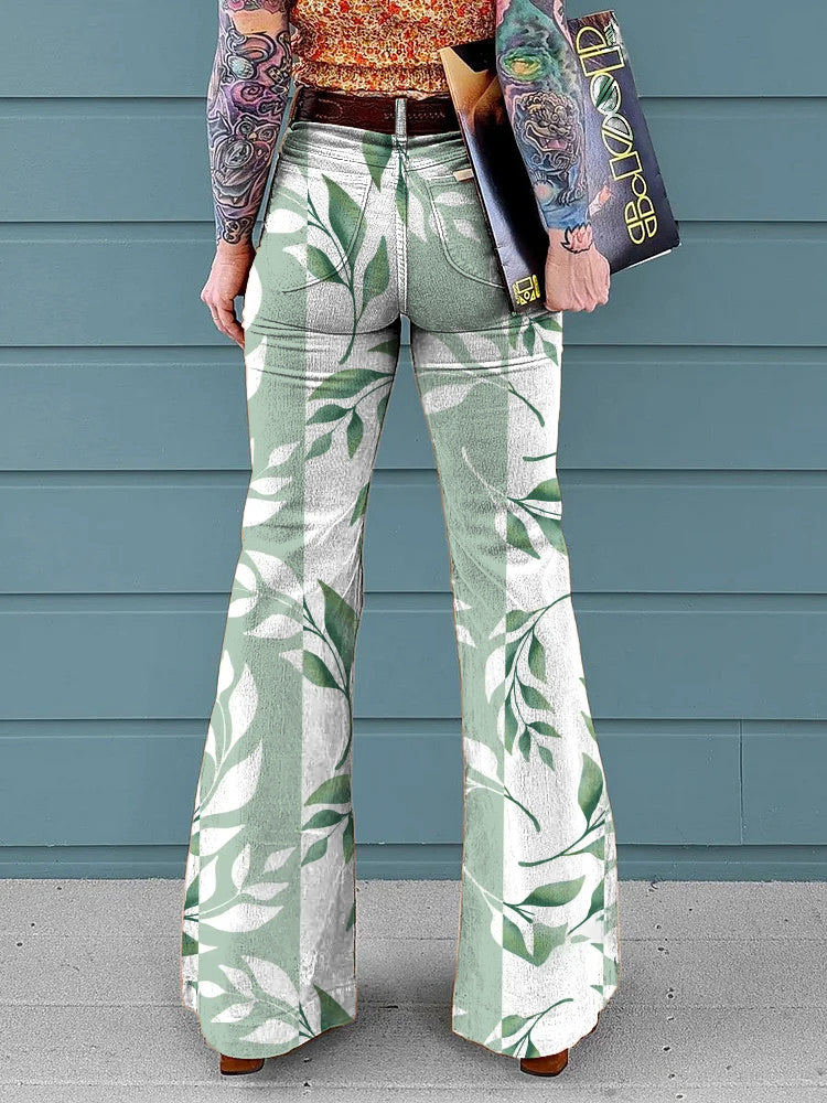 Women's Floral Stitching Print Mid-Rise Button-Hem Bootcut Pants (Without Belt)