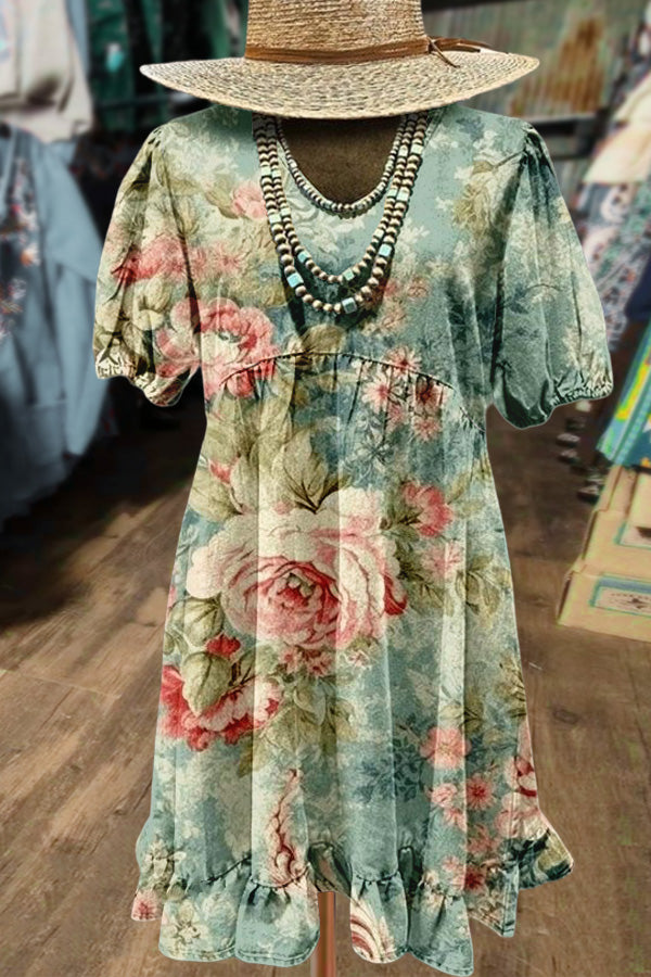 Art Floral Print Puff Sleeve Mini Dress