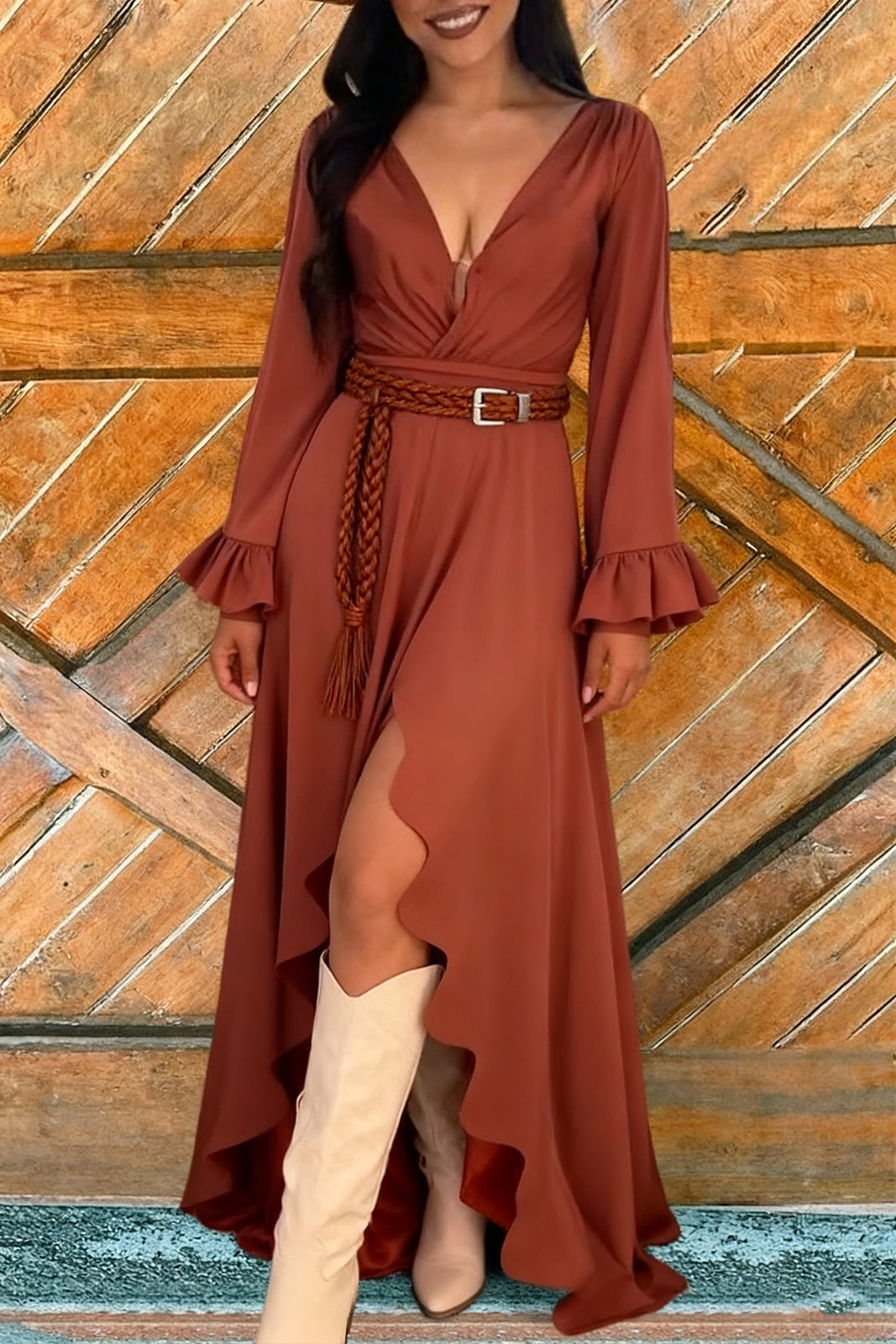 Women's V-neck Long-sleeved Wavy Edge High Slit Long Dress