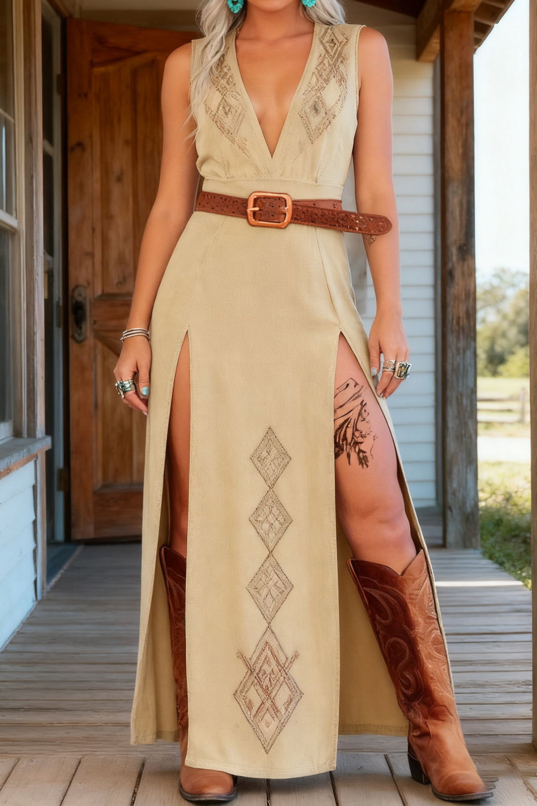 Women's V-neck Belted High Slit Dress