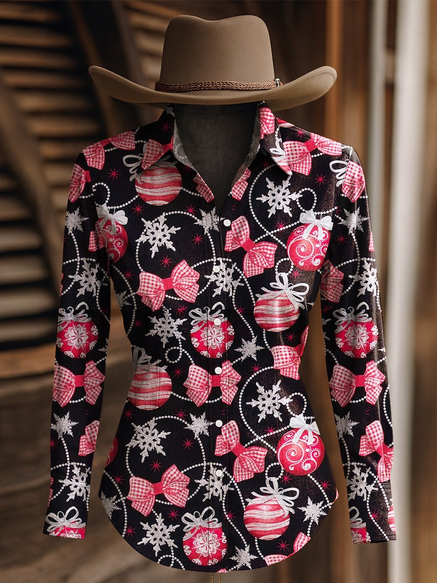 Women's Christmas Lantern Bow Print Western Long Sleeve Shirt
