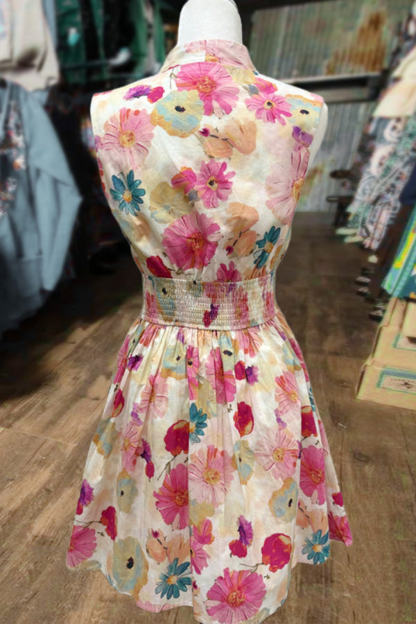 Colorful Floral Print Smocked Waist Mini Dress
