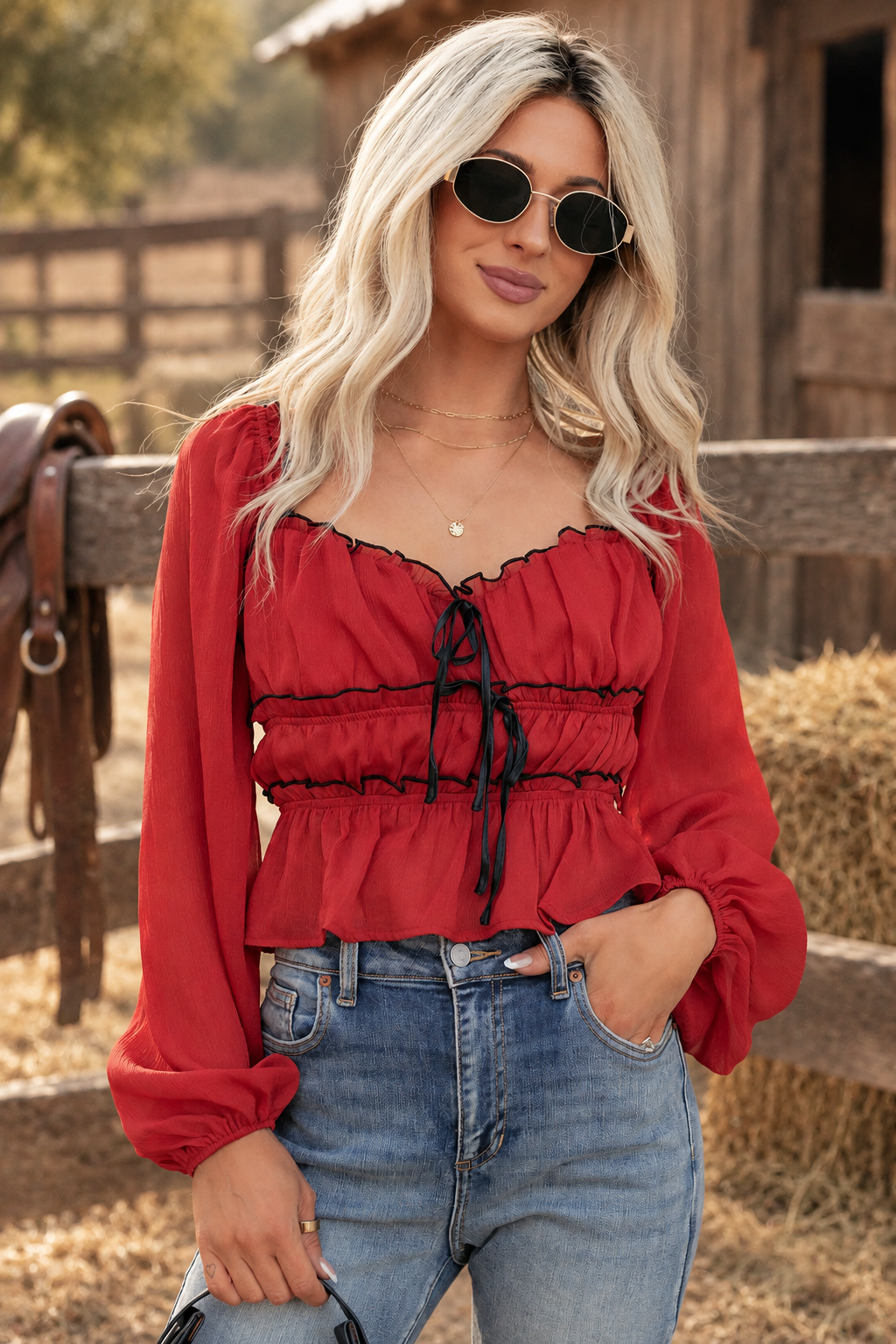 Black Off-Shoulder Lace-Up Smocked Lantern Sleeve Crop Top