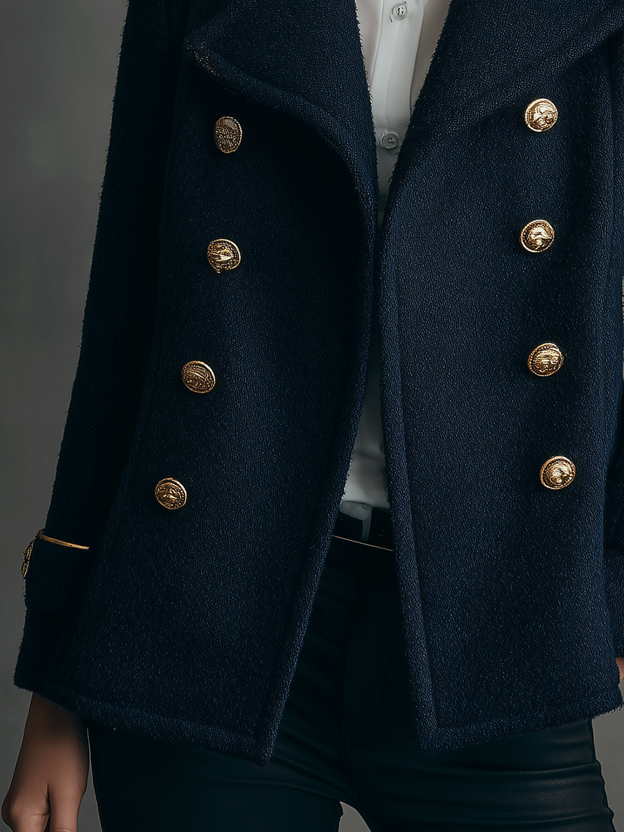 Classic Navy Wool-Blend Double-Breasted Peacoat Gold Buttons Coat