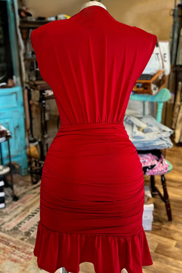 V-Neck Sleeveless Ruffled Hem Mini Dress