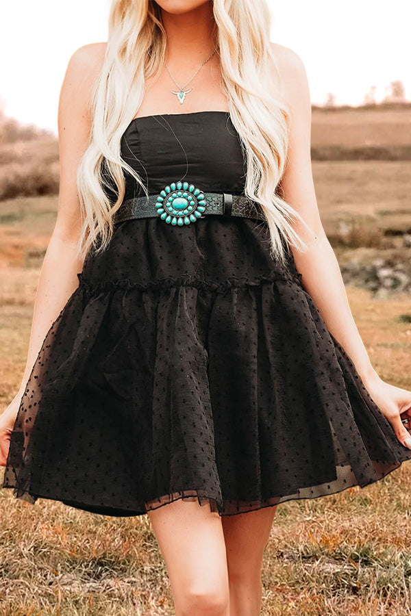 Polka-Dot Mesh Panel Strapless Mini Dress