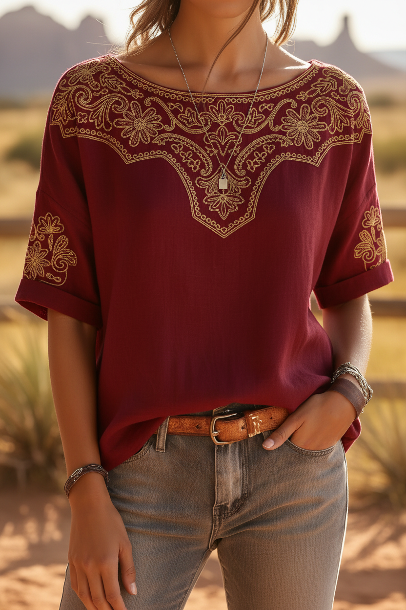 Burgundy Gold Western Embroidery Top
