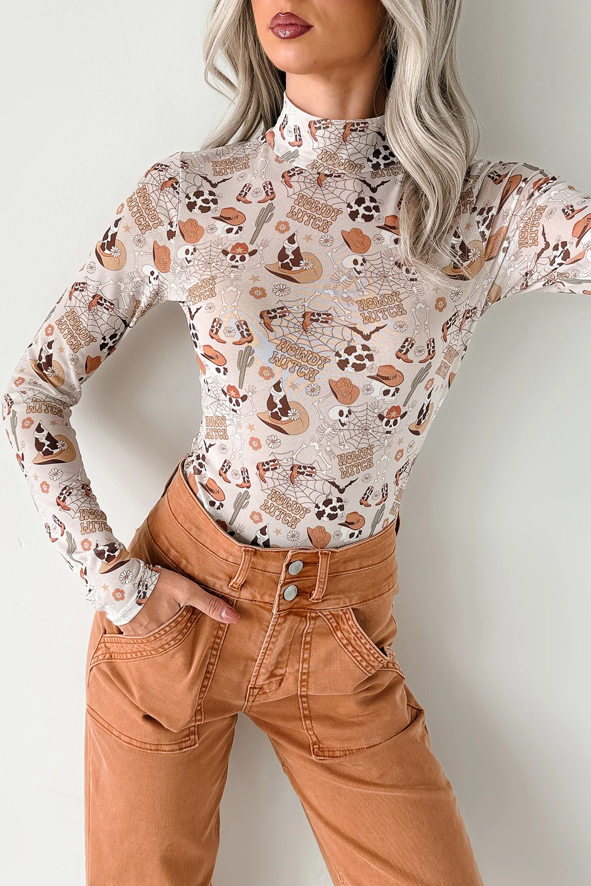 Beige Western Skull Allover Print Mock Neck Long Sleeve Top