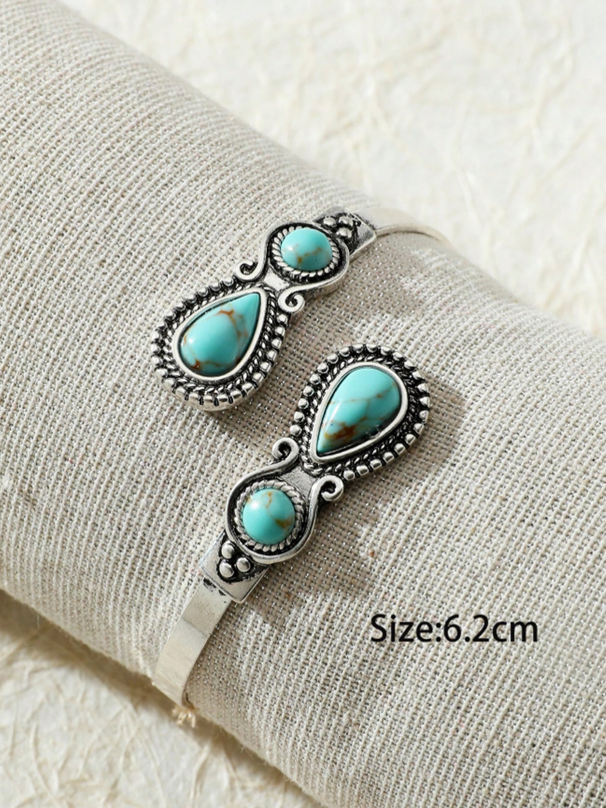 Ideal For Sunset Shoots — Vintage Silver Heavy Turquoise Inlay & Teardrop Sculpted Open Cuff High-Quality Lightweight Material Boho Chic Bracelet